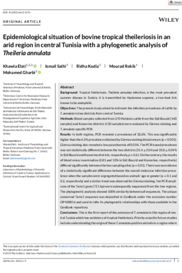 Epidemiological situation of bovine tropical theileriosis in an arid region in central Tunisia with a phylogenetic analysis of Theileria annulata