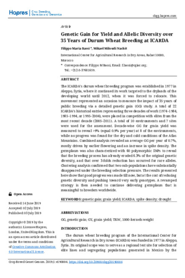 Genetic Gain for Yield and Allelic Diversity over 35 Years of Durum Wheat Breeding at ICARDA Genetic Gain for Yield and Allelic Diversity over 35 Years of Durum Wheat Breeding at ICARDA