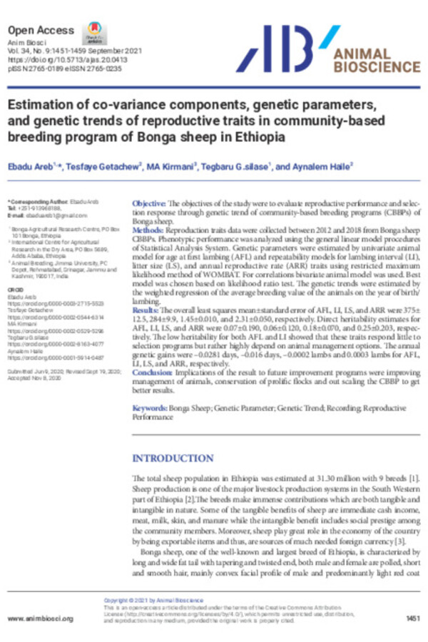 Estimation of co-variance components, genetic parameters and genetic trends of reproductive traits in community-based breeding program of Bonga sheep in Ethiopia