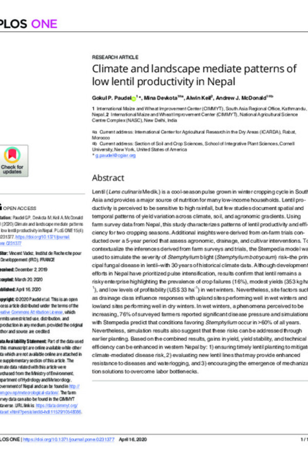 Climate And Landscape Mediate Patterns Of Low Lentil Productivity In Nepal