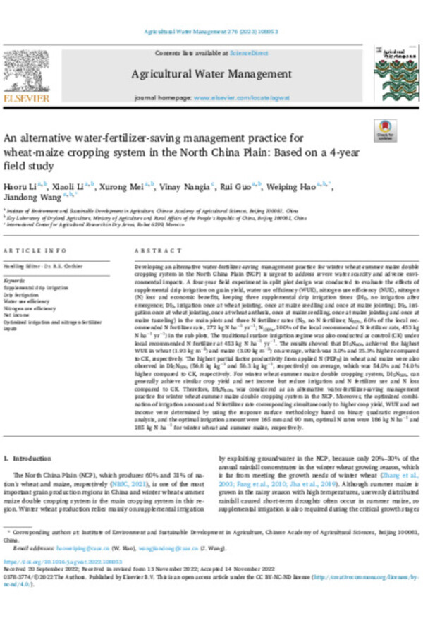 An alternative water-fertilizer-saving management practice for  wheat-maize cropping system in the North China Plain: Based on a 4-year  field study