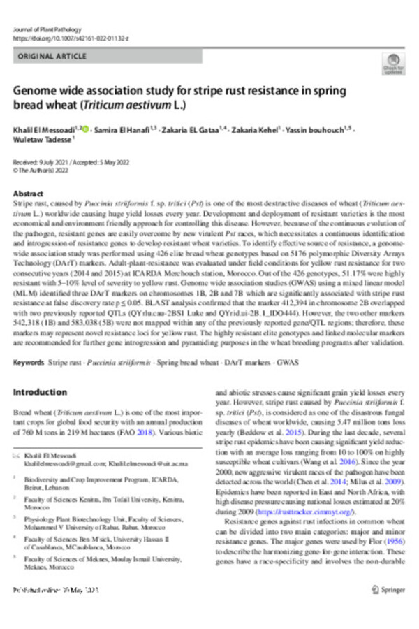 Genome wide association study for stripe rust resistance in spring bread wheat (Triticum aestivum L.)