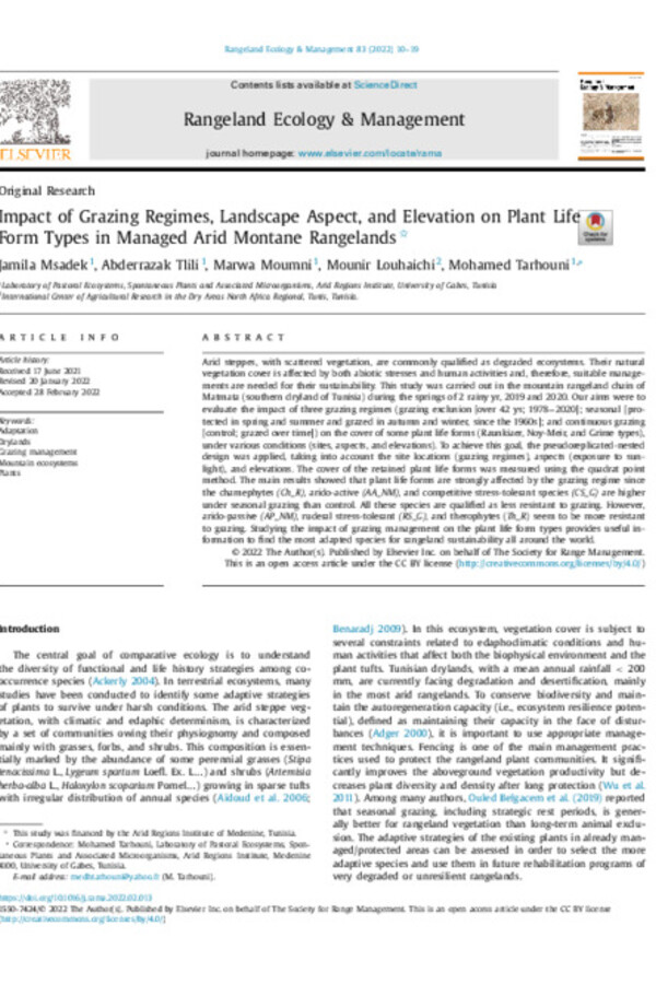 Impact of Grazing Regimes, Landscape Aspect, and Elevation on Plant Life Form Types in Managed Arid Montane Rangelands Impact of Grazing Regimes, Landscape Aspect, and Elevation on Plant Life Form Types in Managed Arid Montane Rangelands