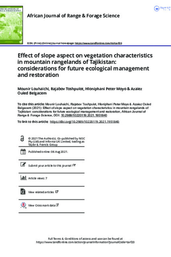 Effect of slope aspect on vegetation characteristics in mountain  rangelands of Tajikistan: considerations for future ecological management  and restoration