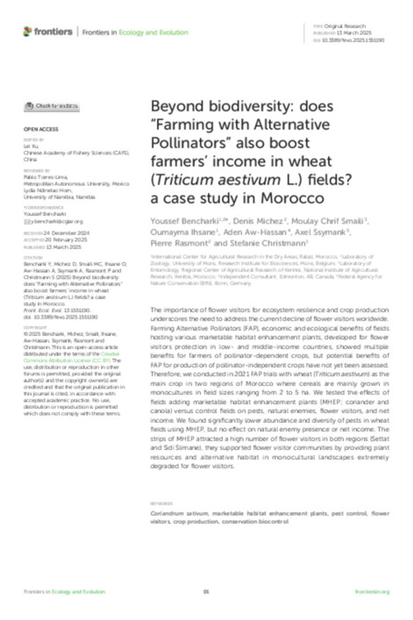Beyond biodiversity: does “Farming with Alternative Pollinators” also boost farmers’ income in wheat (Triticum aestivum L.) fields? a case study in Morocco