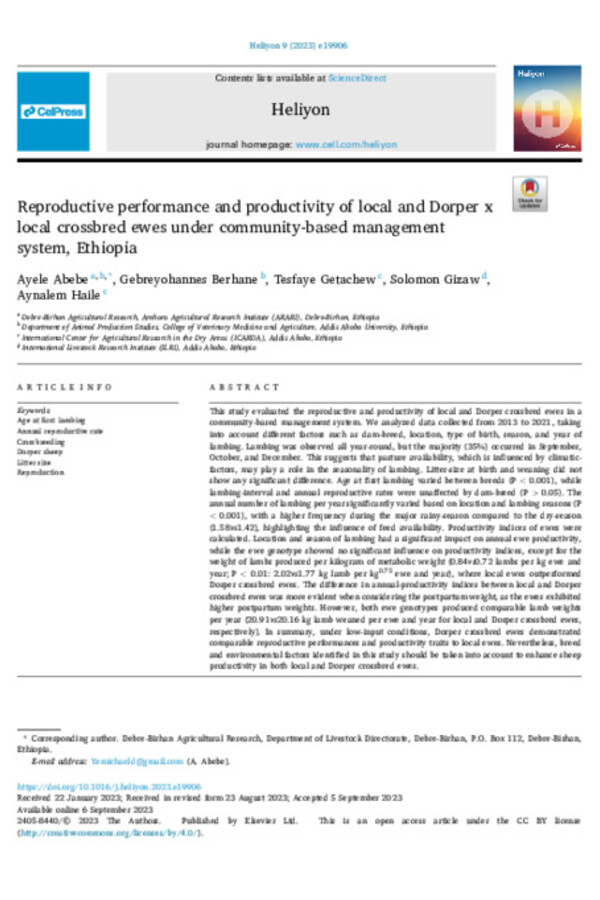 Reproductive performance and productivity of local and Dorper x local crossbred ewes under community-based management system, Ethiopia Reproductive performance and productivity of local and Dorper x local crossbred ewes under community-based management system, Ethiopia
