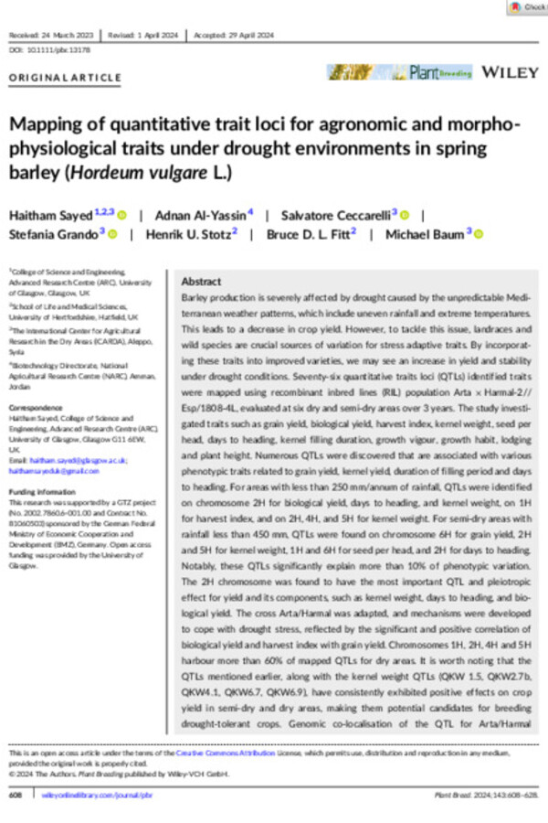 Mapping of quantitative trait loci for agronomic and morpho-physiological traits under drought environments in springbarley (Hordeum vulgare L.)