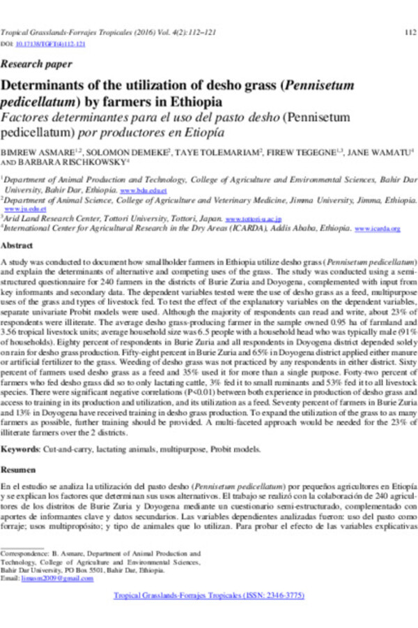 Determinants of the utilization of desho grass (Pennisetum pedicellatum) by farmers in Ethiopia Determinants of the utilization of desho grass (Pennisetum pedicellatum) by farmers in Ethiopia