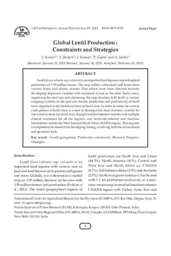 Global Lentil Production: Constraints and Strategies