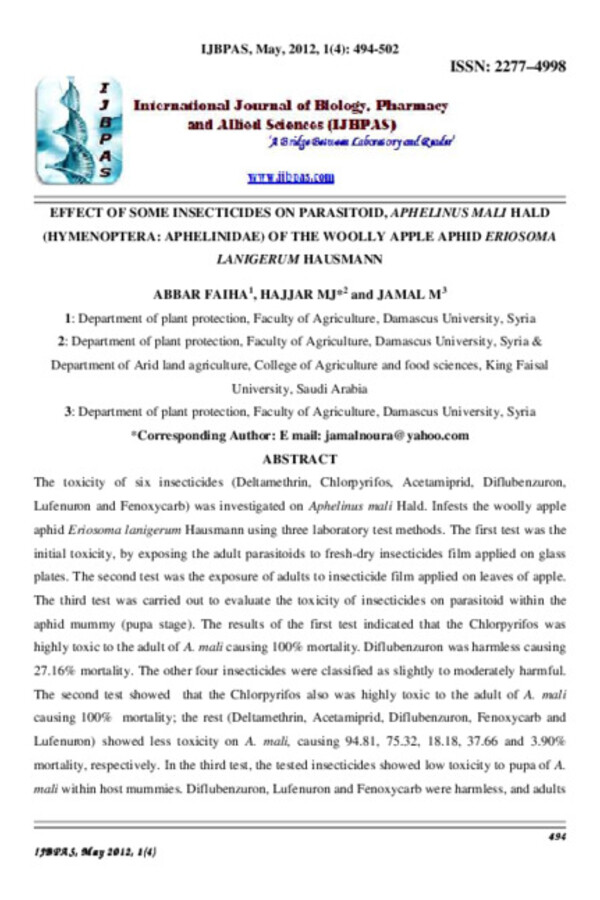 Effect of some insecticides on parasitoid, aphelinus mali hald (hymenoptera: aphelinidae) of the woolly apple aphid eriosoma Lanigerum Hausmann