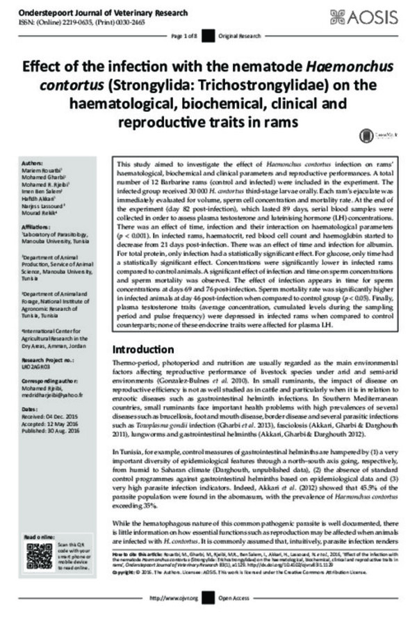 Effect of the infection with the nematode Haemonchus contortus (Strongylida: Trichostrongylidae) on the haematological, biochemical, clinical and reproductive traits in rams