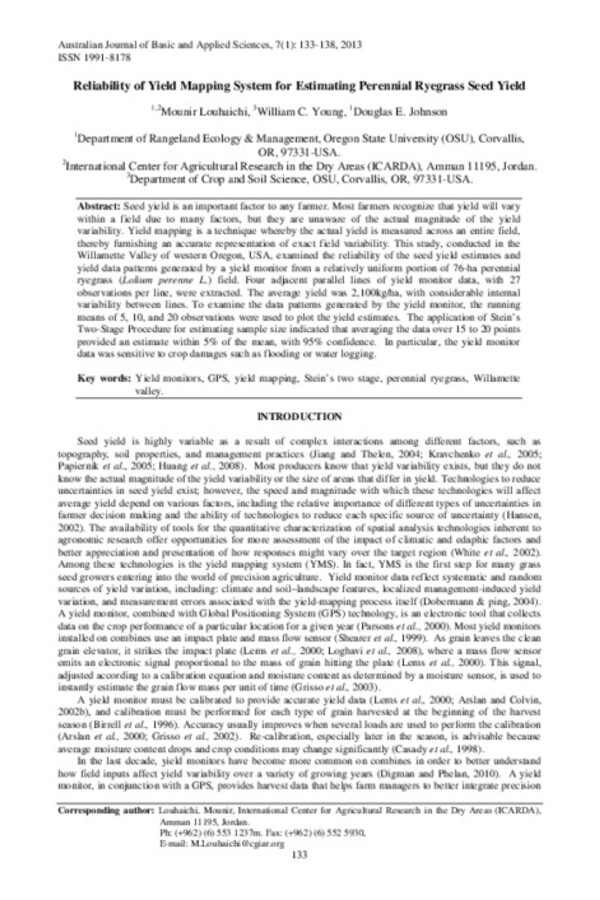 Reliability of Yield Mapping System for Estimating Perennial Ryegrass Seed Yield Reliability of Yield Mapping System for Estimating Perennial Ryegrass Seed Yield