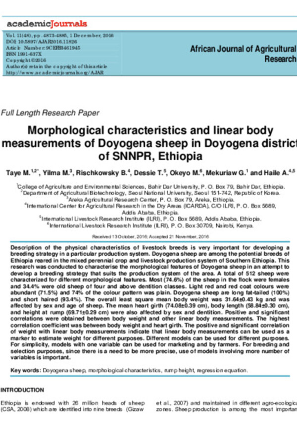 Morphological characteristics and linear body measurements of Doyogena sheep in Doyogena district of SNNPR, Ethiopia