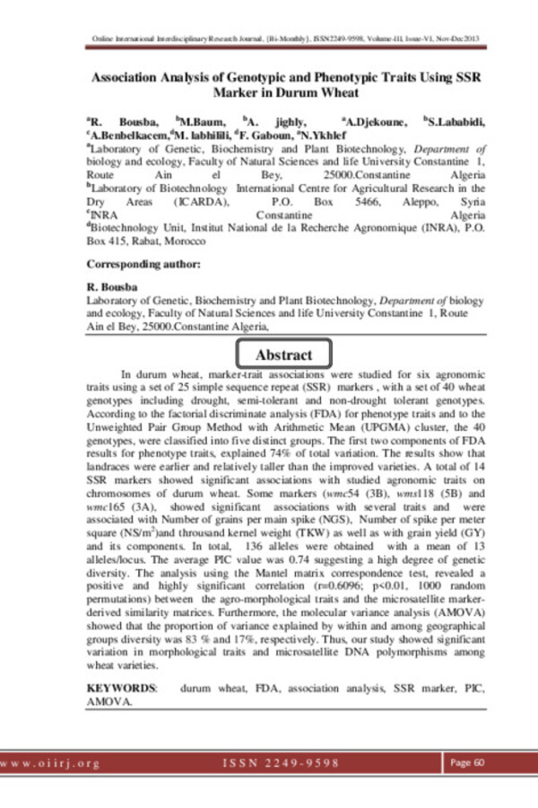 Association Analysis of Genotypic and Phenotypic Traits Using SSR Marker in Durum Wheat Association Analysis of Genotypic and Phenotypic Traits Using SSR Marker in Durum Wheat