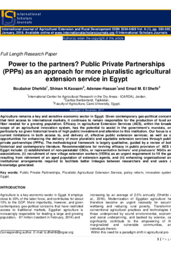 Power to the partners? Public Private Partnerships (PPPs) as an approach for more pluralistic agricultural extension service in Egypt
