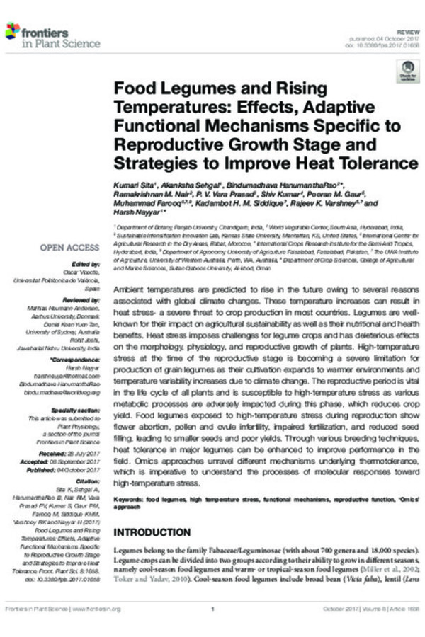 Food Legumes and Rising Temperatures: Effects, Adaptive Functional Mechanisms Specific to Reproductive Growth Stage and Strategies to Improve Heat Tolerance
