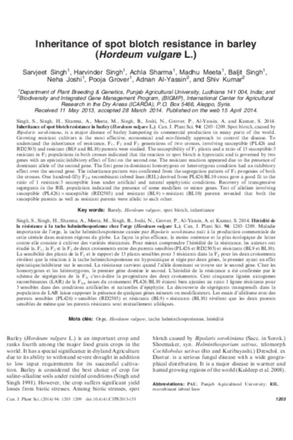 Inheritance of spot blotch resistance in barley (Hordeum vulgare L.) Inheritance of spot blotch resistance in barley (Hordeum vulgare L.)