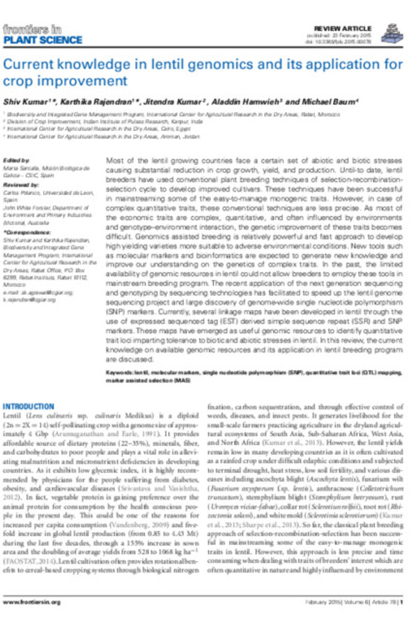 Current knowledge in lentil genomics and its application for crop improvement Current knowledge in lentil genomics and its application for crop improvement
