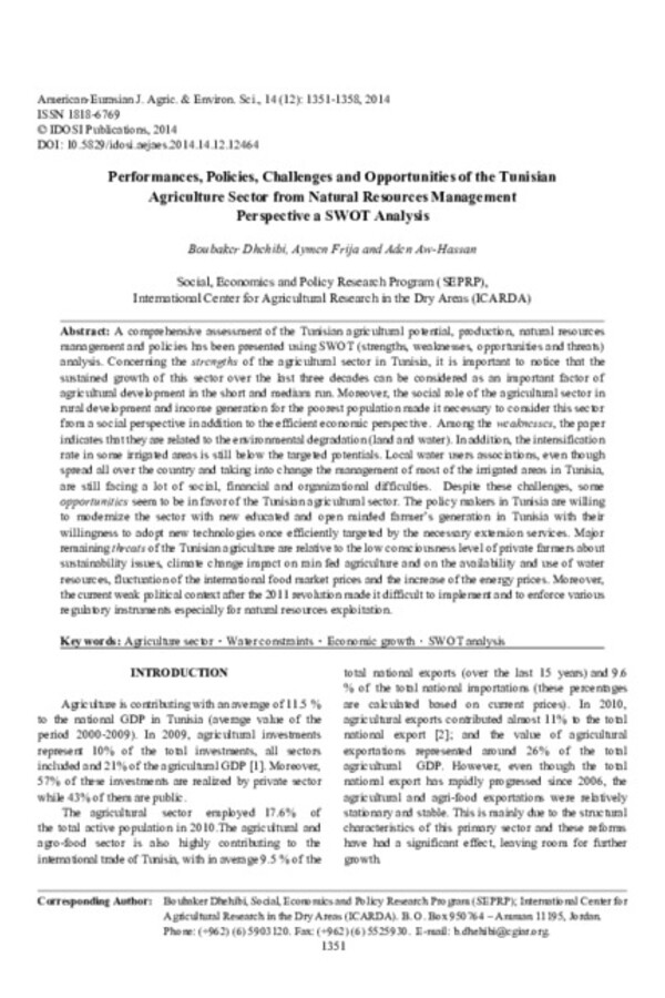 Performances, Policies, Challenges and Opportunities of the Tunisian Agriculture Sector from Natural Resources Management Perspective a SWOT Analysis