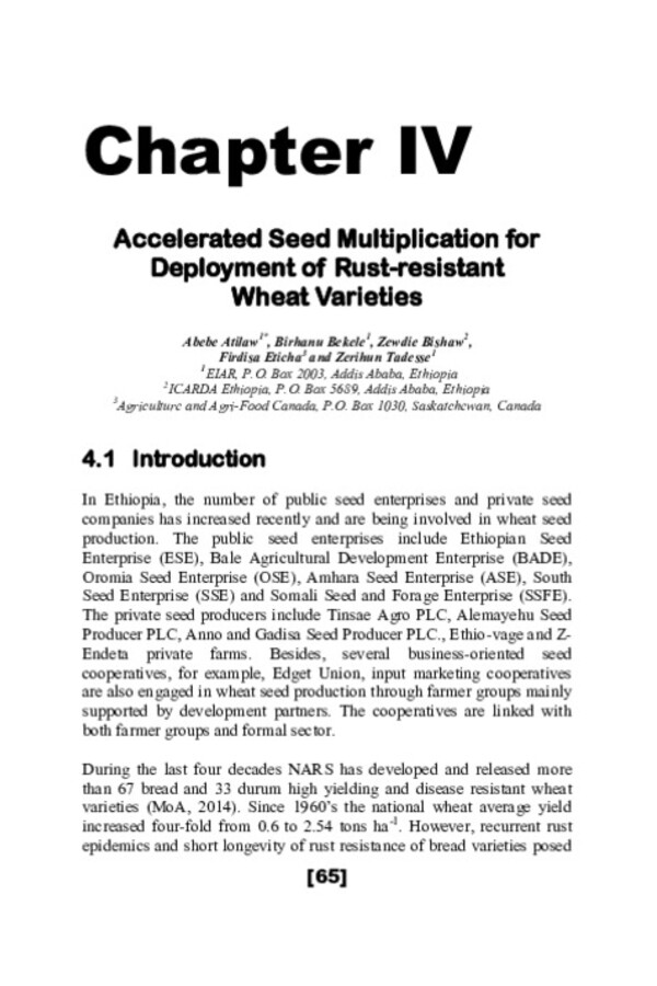 Accelerated Seed Multiplication for Deployment of Rust-resistant Wheat Varieties Accelerated Seed Multiplication for Deployment of Rust-resistant Wheat Varieties