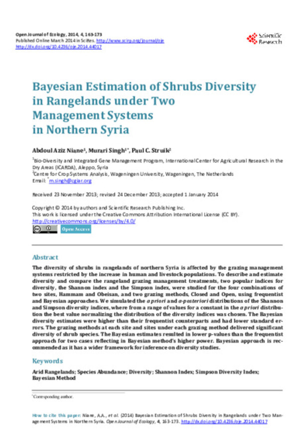 Bayesian Estimation of Shrubs Diversity in Rangelands under Two Management Systems in Northern Syria