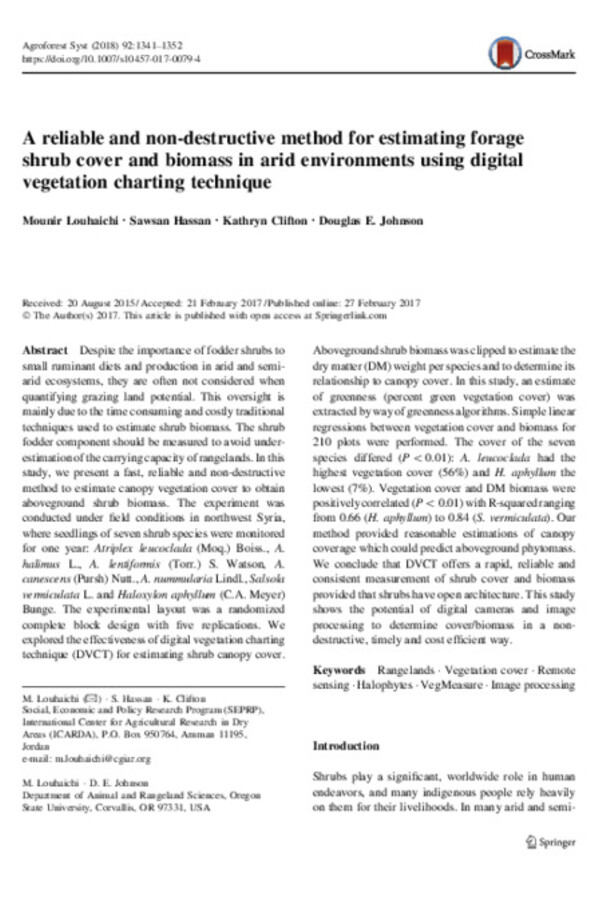 A reliable and non-destructive method for estimating forage shrub cover and biomass in arid environments using digital vegetation charting technique
