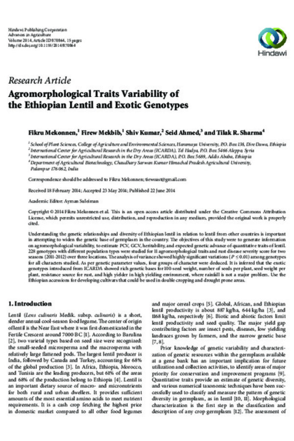 Agromorphological Traits Variability of the Ethiopian Lentil and Exotic Genotypes Agromorphological Traits Variability of the Ethiopian Lentil and Exotic Genotypes