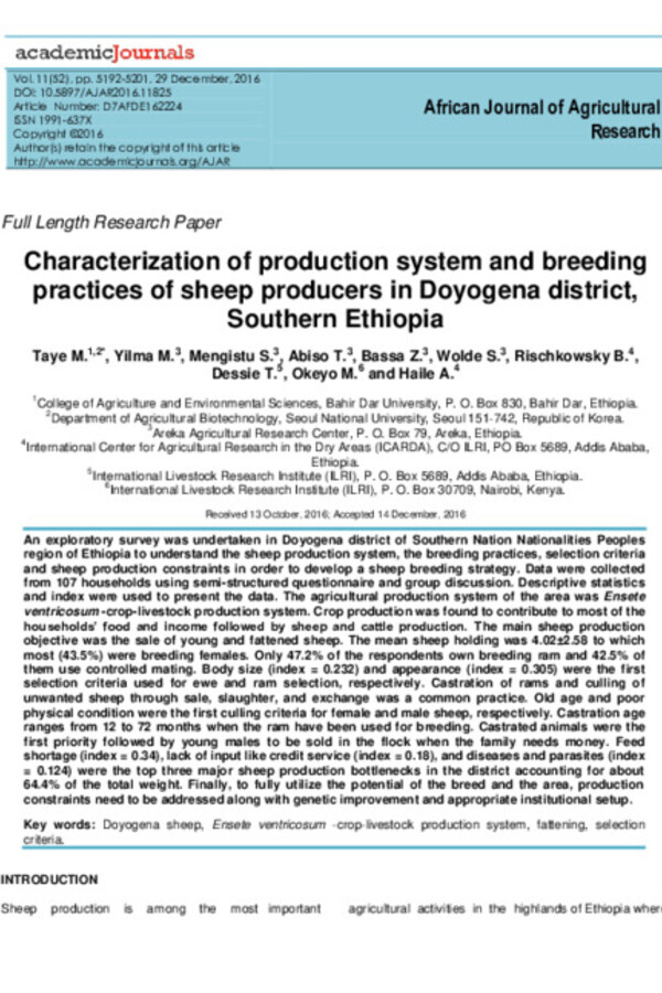 Characterization of production system and breeding practices of sheep producers in Doyogena district, Southern Ethiopia