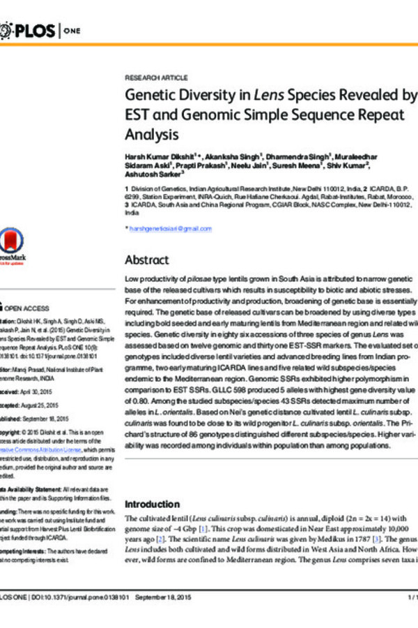 Genetic Diversity in Lens Species Revealed by EST and Genomic Simple Sequence Repeat Analysis Genetic Diversity in Lens Species Revealed by EST and Genomic Simple Sequence Repeat Analysis