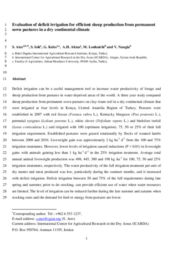 Evaluation of deficit irrigation for efficient sheep production from permanent sown pastures in a dry continental climate Evaluation of deficit irrigation for efficient sheep production from permanent sown pastures in a dry continental climate
