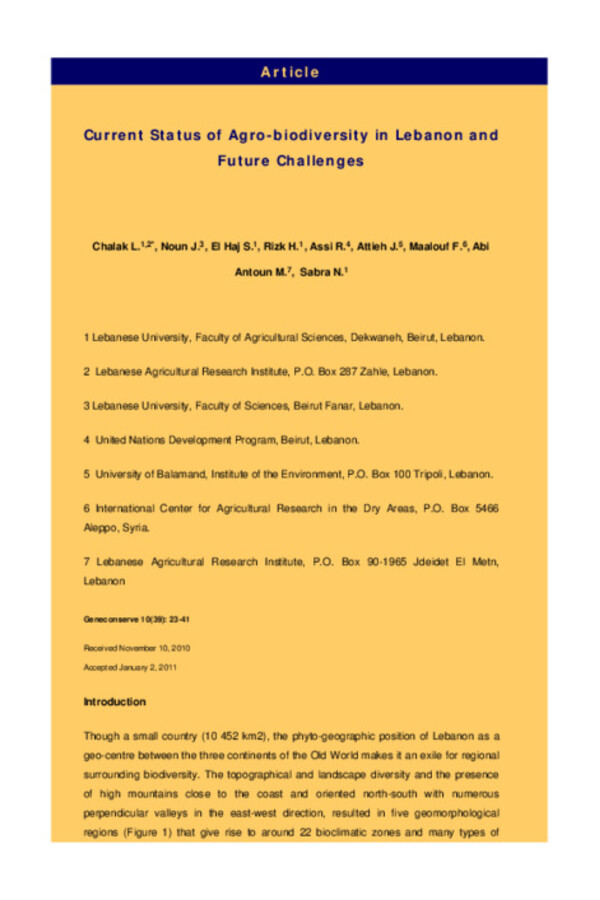 Current Status of Agro-biodiversity in Lebanon and Future Challenges Current Status of Agro-biodiversity in Lebanon and Future Challenges
