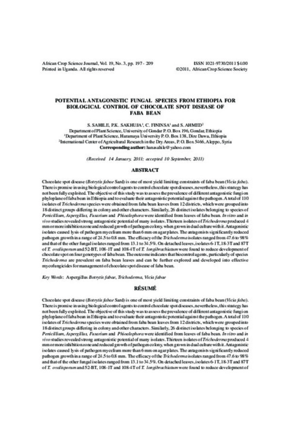 Potential antagonistic fungal species from Ethiopia for biological control of chocolate spot disease of Faba Bean Potential antagonistic fungal species from Ethiopia for biological control of chocolate spot disease of Faba Bean