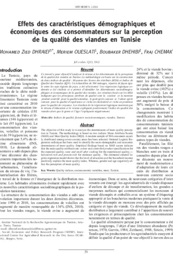 Effets des caractéristiques démographiques et économiques des consommateurs sur la perception de la qualité des viandes en Tunisie