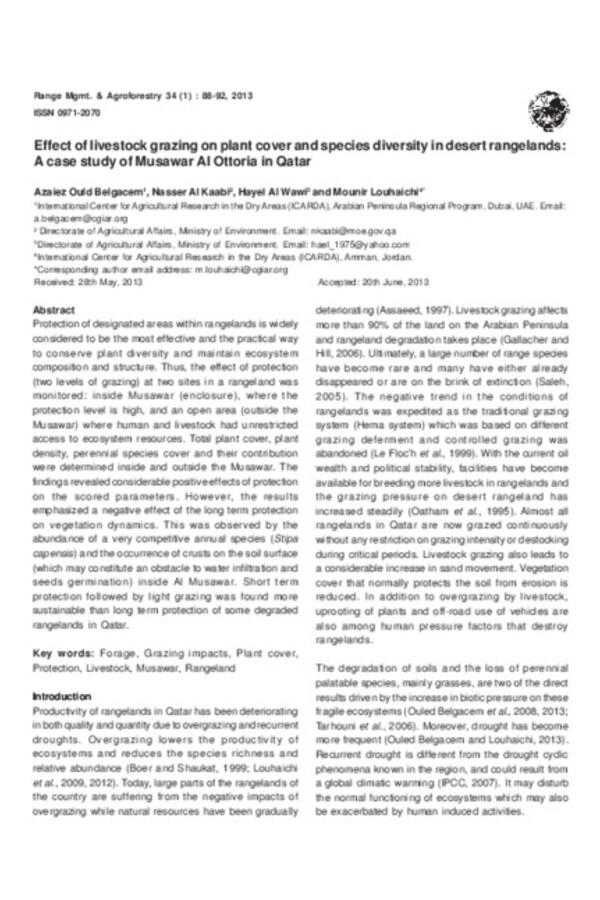 Effect of livestock grazing on plant cover and species diversity in desert rangelands: A case study of Musawar Al Ottoria in Qatar