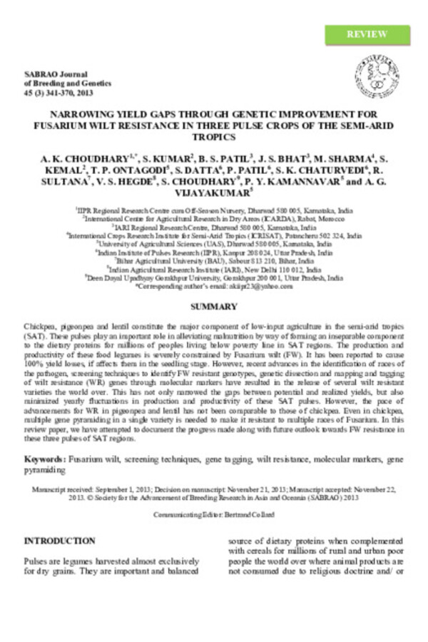 NARROWING YIELD GAPS THROUGH GENETIC IMPROVEMENT FOR FUSARIUM WILT RESISTANCE IN THREE PULSE CROPS OF THE SEMI-ARID TROPICS NARROWING YIELD GAPS THROUGH GENETIC IMPROVEMENT FOR FUSARIUM WILT RESISTANCE IN THREE PULSE CROPS OF THE SEMI-ARID TROPICS
