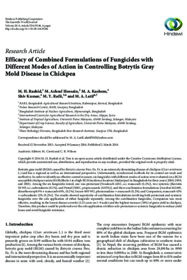 Efficacy of Combined Formulations of Fungicides with Different Modes of Action in Controlling Botrytis Gray Mold Disease in Chickpea