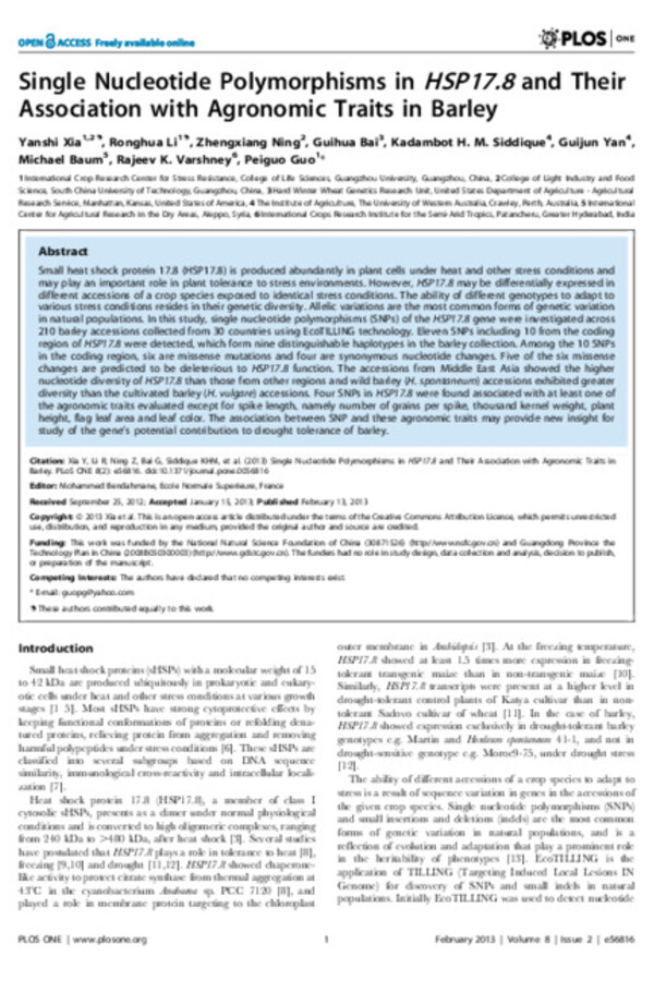 Single Nucleotide Polymorphisms in HSP17.8 and Their Association with Agronomic Traits in Barley Single Nucleotide Polymorphisms in HSP17.8 and Their Association with Agronomic Traits in Barley