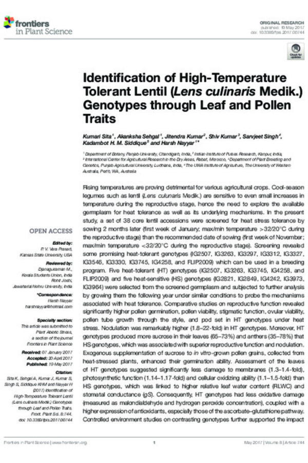 Identification of High-Temperature Tolerant Lentil (Lens culinaris Medik.) Genotypes through Leaf and Pollen Traits Identification of High-Temperature Tolerant Lentil (Lens culinaris Medik.) Genotypes through Leaf and Pollen Traits