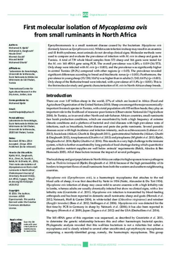 First molecular isolation of Mycoplasma ovis from small ruminants in North Africa First molecular isolation of Mycoplasma ovis from small ruminants in North Africa