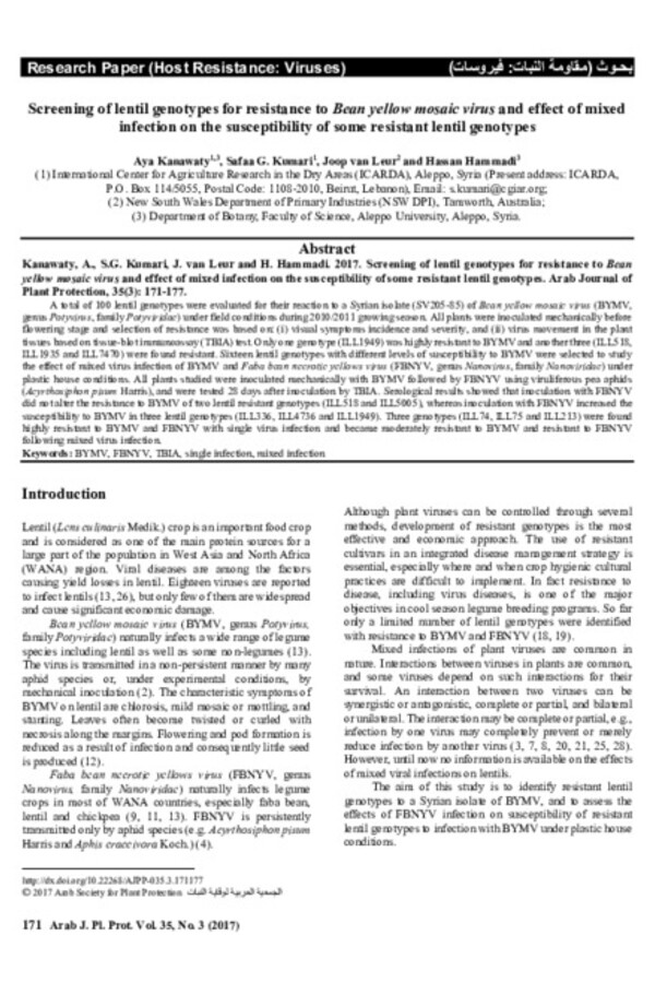 Screening of lentil genotypes for resistance to Bean yellow mosaic virus and effect of mixed infection on the susceptibility of some resistant lentil genotypes