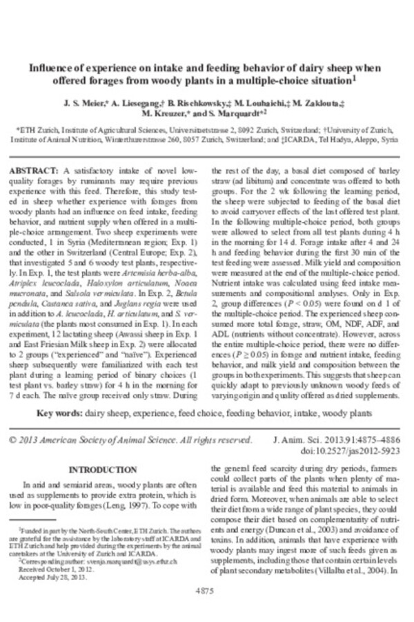 Influence of experience on intake and feeding behavior of dairy sheep when offered forages from woody plants in a multiple-choice situation1
