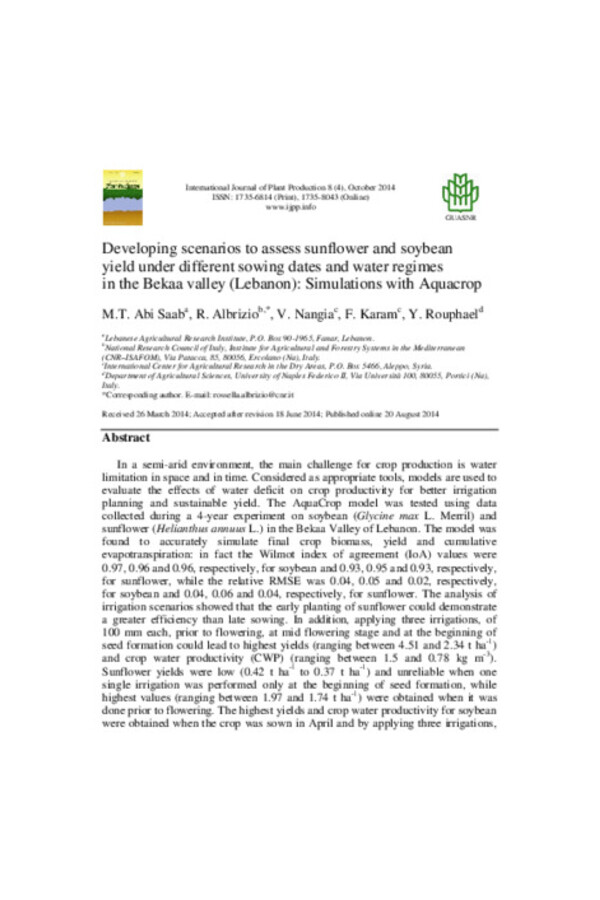 Developing scenarios to assess sunflower and soybean yield under different sowing dates and water regimes in the Bekaa valley (Lebanon): Simulations with Aquacrop