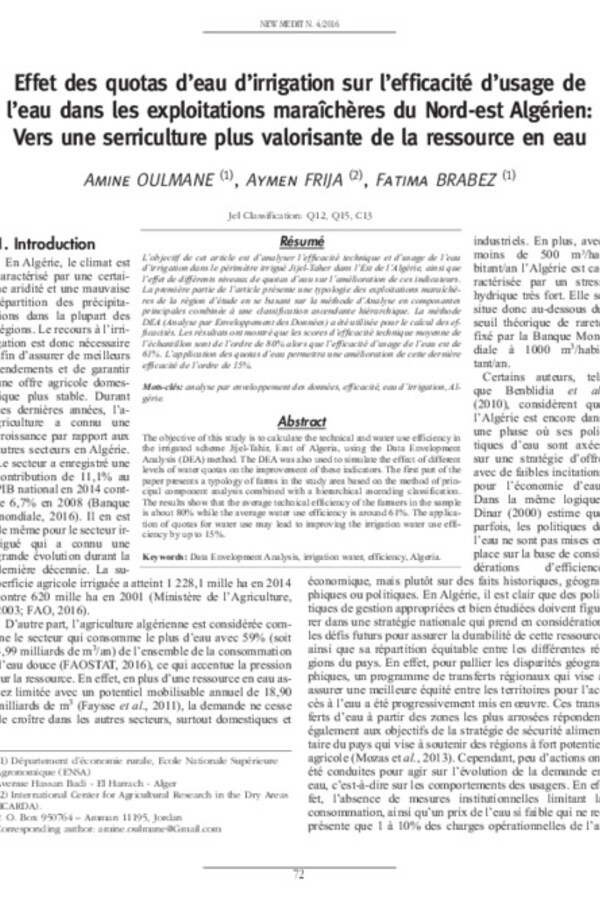 Effet des quotas d’eau d’irrigation sur l’efficacité d’usage de l’eau dans les exploitations maraîchères du Nord-est Algérien: Vers une serriculture plus valorisante de la ressource en eau