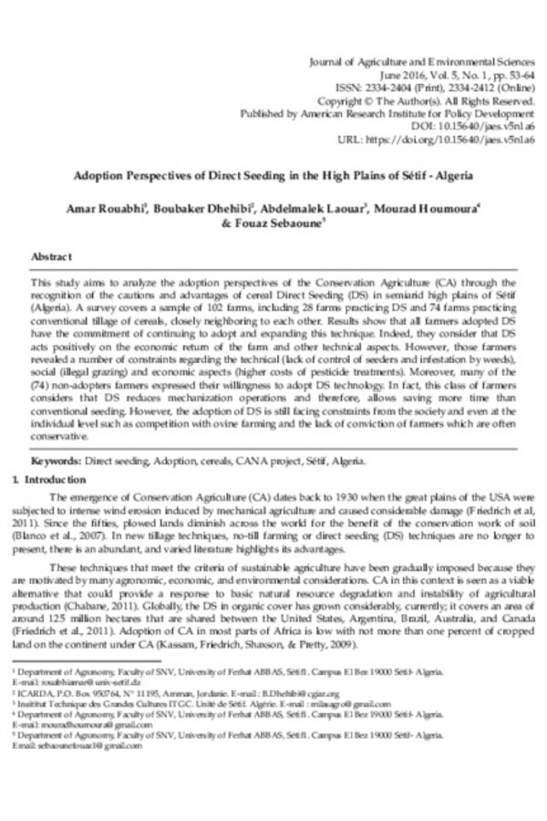 Adoption Perspectives of Direct Seeding in the High Plains of Sétif - Algeria Adoption Perspectives of Direct Seeding in the High Plains of Sétif - Algeria