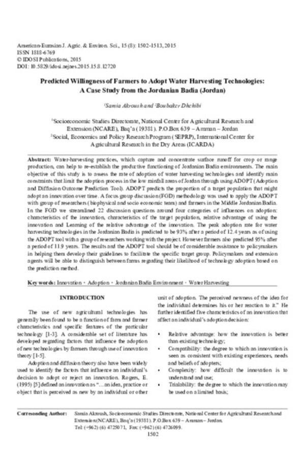 Predicted Willingness of Farmers to Adopt Water Harvesting Technologies: A Case Study from the Jordanian Badia (Jordan) Predicted Willingness of Farmers to Adopt Water Harvesting Technologies: A Case Study from the Jordanian Badia (Jordan)