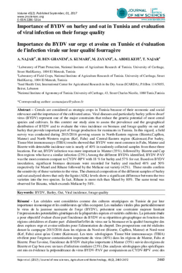 Importance du BYDV sur orge et avoine en Tunisie et évaluation de l'infection virale sur leur qualité fourragère Importance du BYDV sur orge et avoine en Tunisie et évaluation de l'infection virale sur leur qualité fourragère