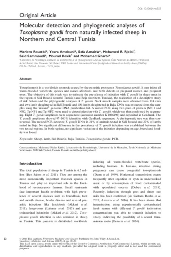 Molecular detection and phylogenetic analyses of Toxoplasma gondii from naturally infected sheep in Northern and Central Tunisia Molecular detection and phylogenetic analyses of Toxoplasma gondii from naturally infected sheep in Northern and Central Tunisia
