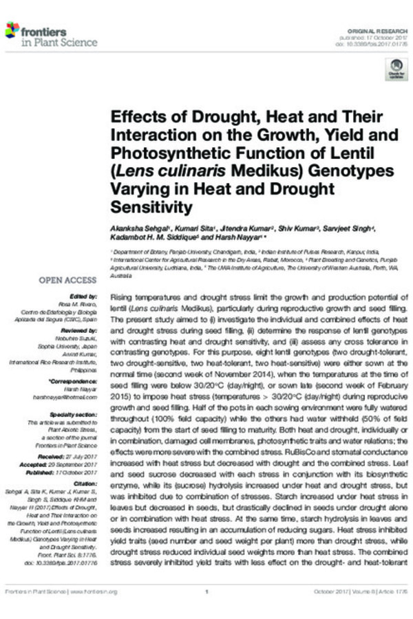 Effect of drought, heat and their interaction on the growth, yield and photosynthetic function of lentil (Lens culinaris Medikus) genotypes varying in heat and drought sensitivity