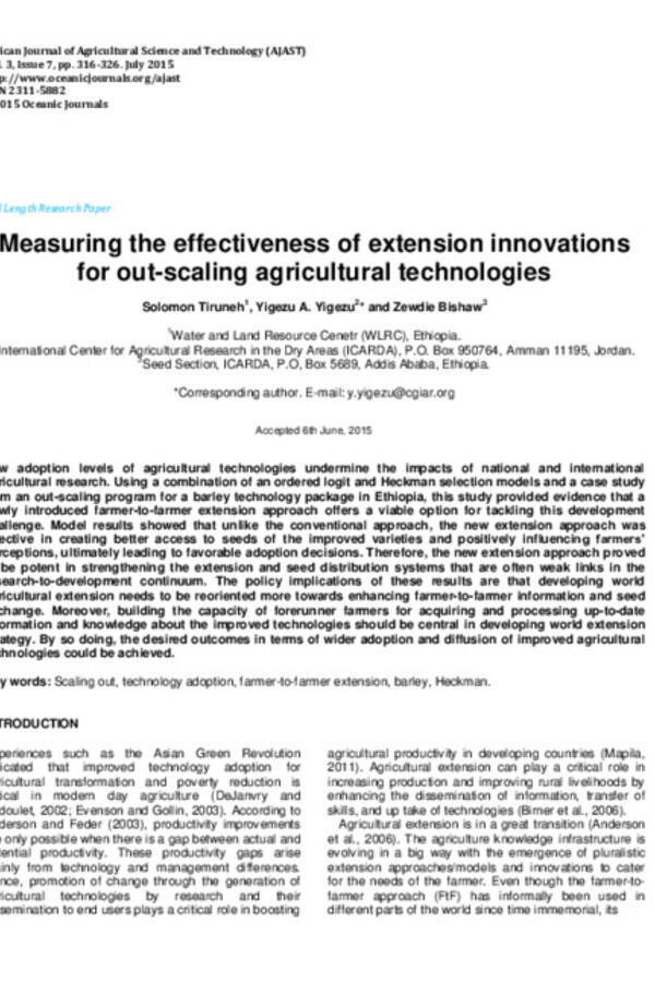 Measuring the effectiveness of extension innovations for out-scaling agricultural technologies Measuring the effectiveness of extension innovations for out-scaling agricultural technologies