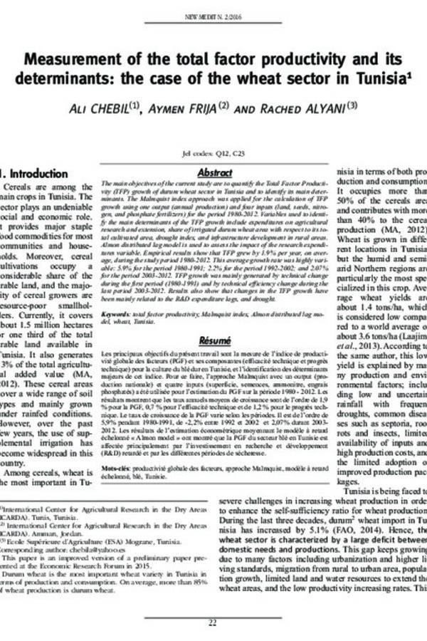 Measurement of the total factor productivity and its determinants: the case of the wheat sector in Tunisia Measurement of the total factor productivity and its determinants: the case of the wheat sector in Tunisia